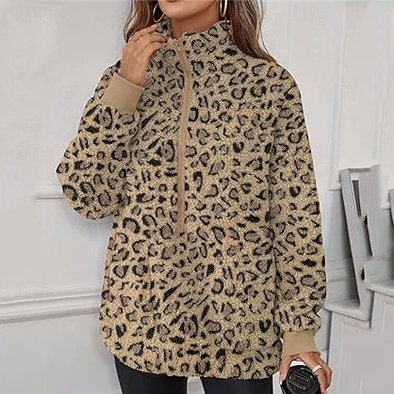 Women's Trench Coat Warm Comfortable Zipper Pocket Fashion Outdoor Leopard Going out Weekend Zipper Regular Lapel Regular Fit Long Sleeve Outerwear Yellow Apricot Coffee Fall Winter 2025 - $26.99 –P4