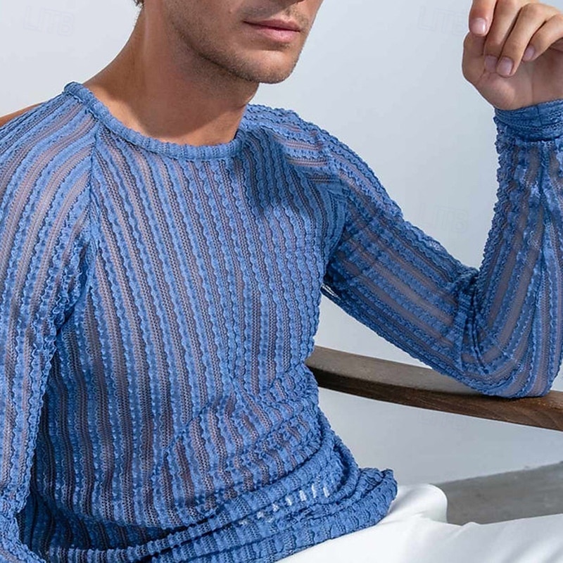 Herren T Shirt T-Shirt Langarmshirt Langarm Rundhalsausschnitt Sommer Frühling Einfach Mode Designer Basic Jacquard Urlaub Straße Ausgehen Blau Top T-Shirt für Herren 2025 - $24.99 –P3