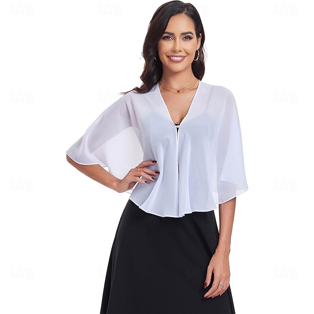scialli e mantelle trasparenti per feste serali formali, mantelle in chiffon con scollo a V per donne, scialle per invitati a matrimoni del 2025 a $39.99 –P1
