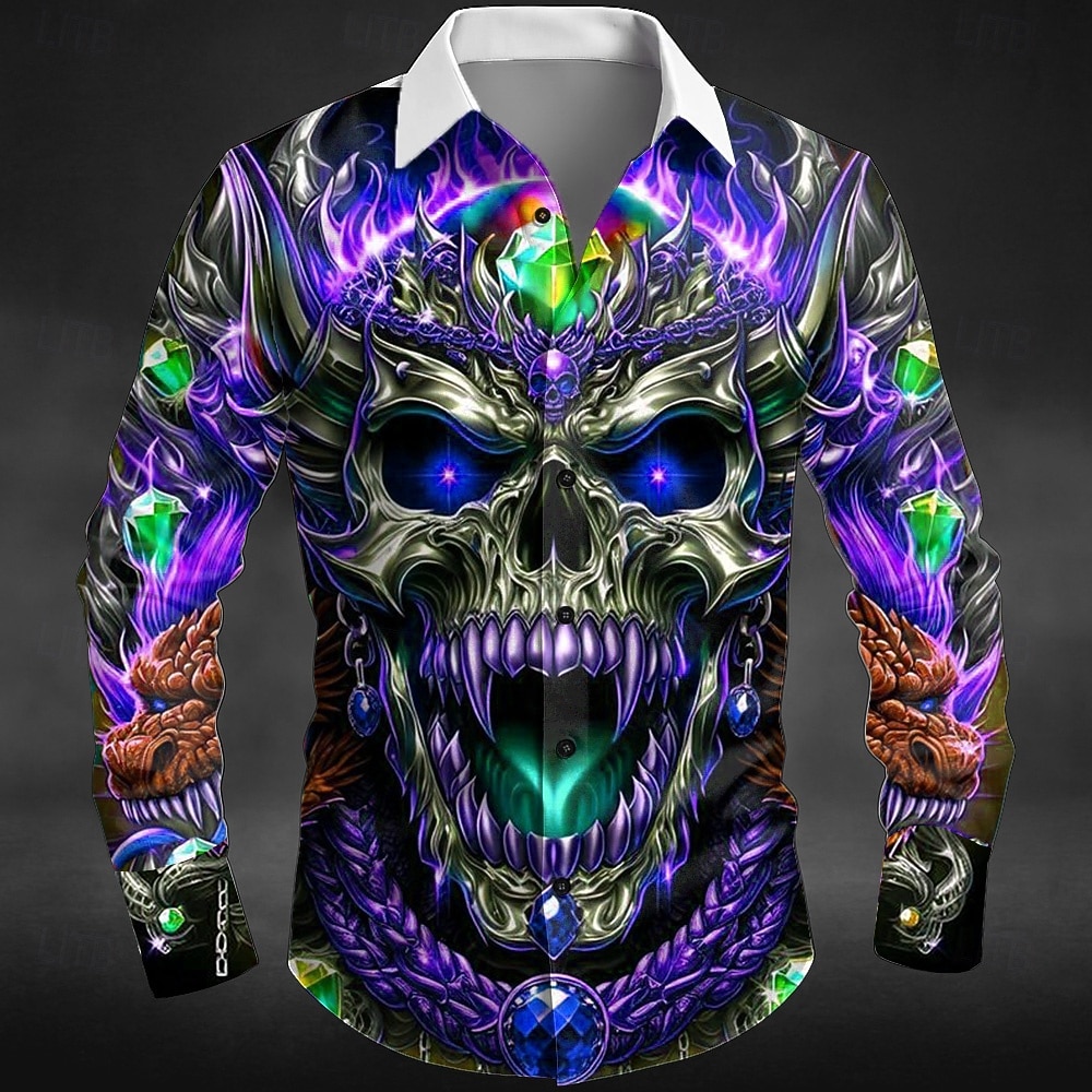 Homme Crâne Dragon Flamme Chemise Chemise Boutonnée manche longue Punk gothique sombre Extérieur Fête Été Printemps Col Rabattu Impression 3D chemises à col Violet Orange Vert de 2026 ? $27.99 –P4