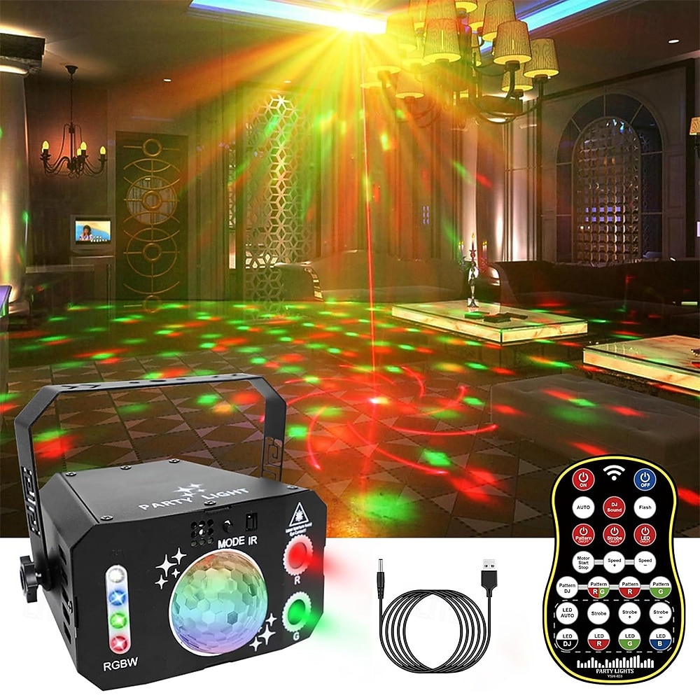 Oświetlenie imprezowe 3 w 1 USB z dźwiękiem, kula dyskotekowa, RGBW, 4 soczewki, stroboskop DJ, oświetlenie sceniczne z pilotem, na imprezy, taniec w pomieszczeniach, karaoke, pokazy KTV, klub 2025 - $76.99 –P1