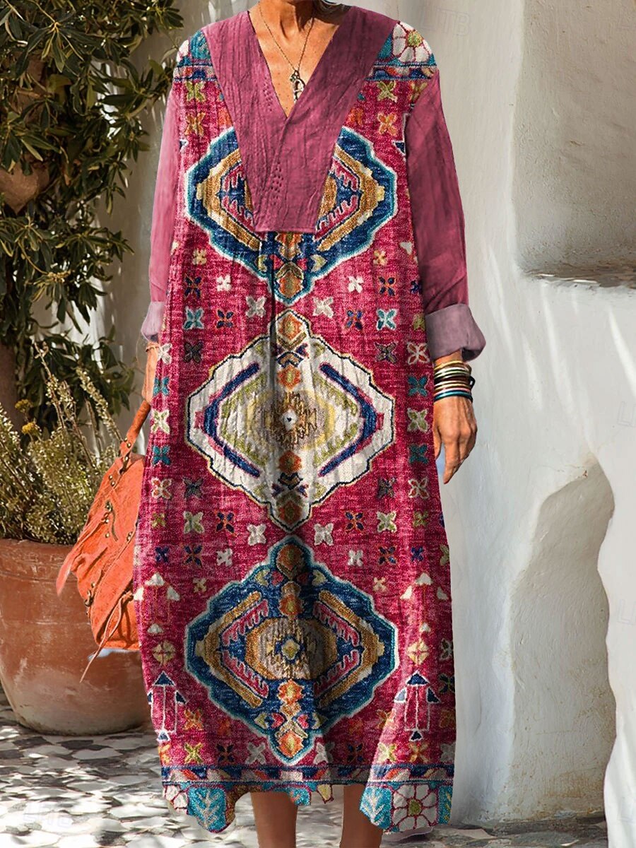 Damskie Sukienka maxi Sukienka letnia Sukienka A line Codzienny Styl plażowy Święto Luźna Ombre Graficzny Geometryczny Długi rękaw W serek Fioletowy Zielony Szary Lato Wiosna Jesień 2025 - $35.99 –P2