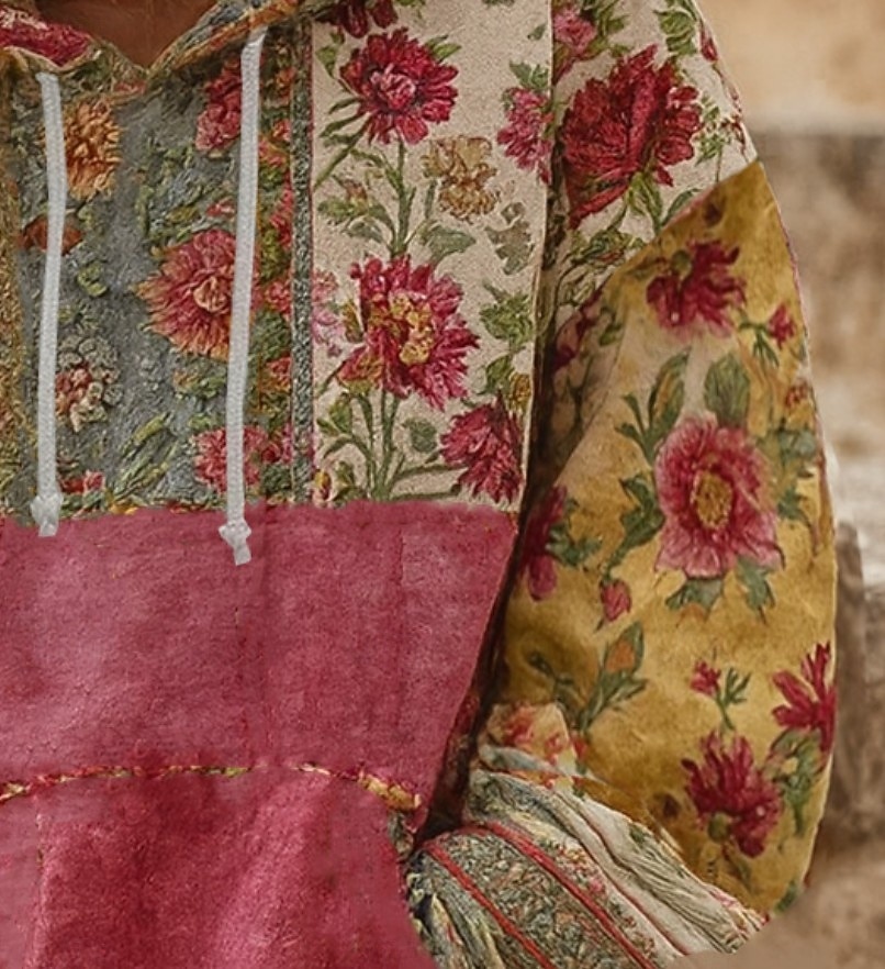 Mulheres Pulôver Moletom Com Capuz Floral Gráfico Casual Boho Manga Longa Com Capuz Tops regulares Rua Dia a Dia Patchwork Imprimir Bolso frontal Vermelho Outono Inverno de 2025 por $26.99 –P2