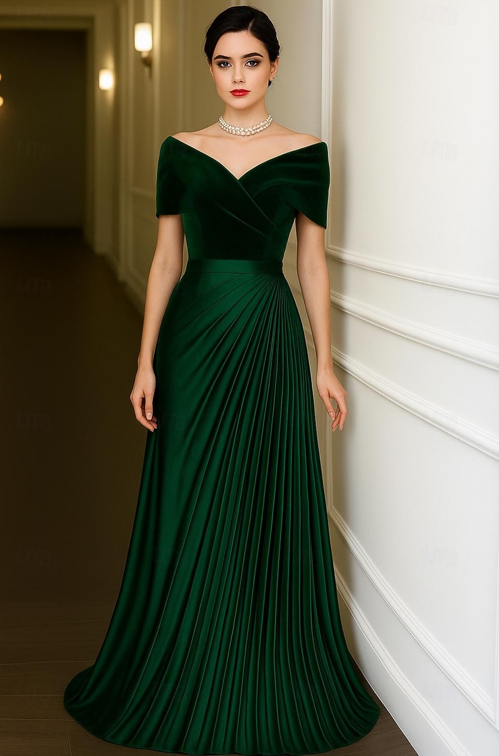 Green Black Velvet A-Line Evening Gown Elegant Dress Formal Wedding Floor Length Short Sleeve Off Shoulder Satin with Pleats 2025 2025 - $149.99 –P1