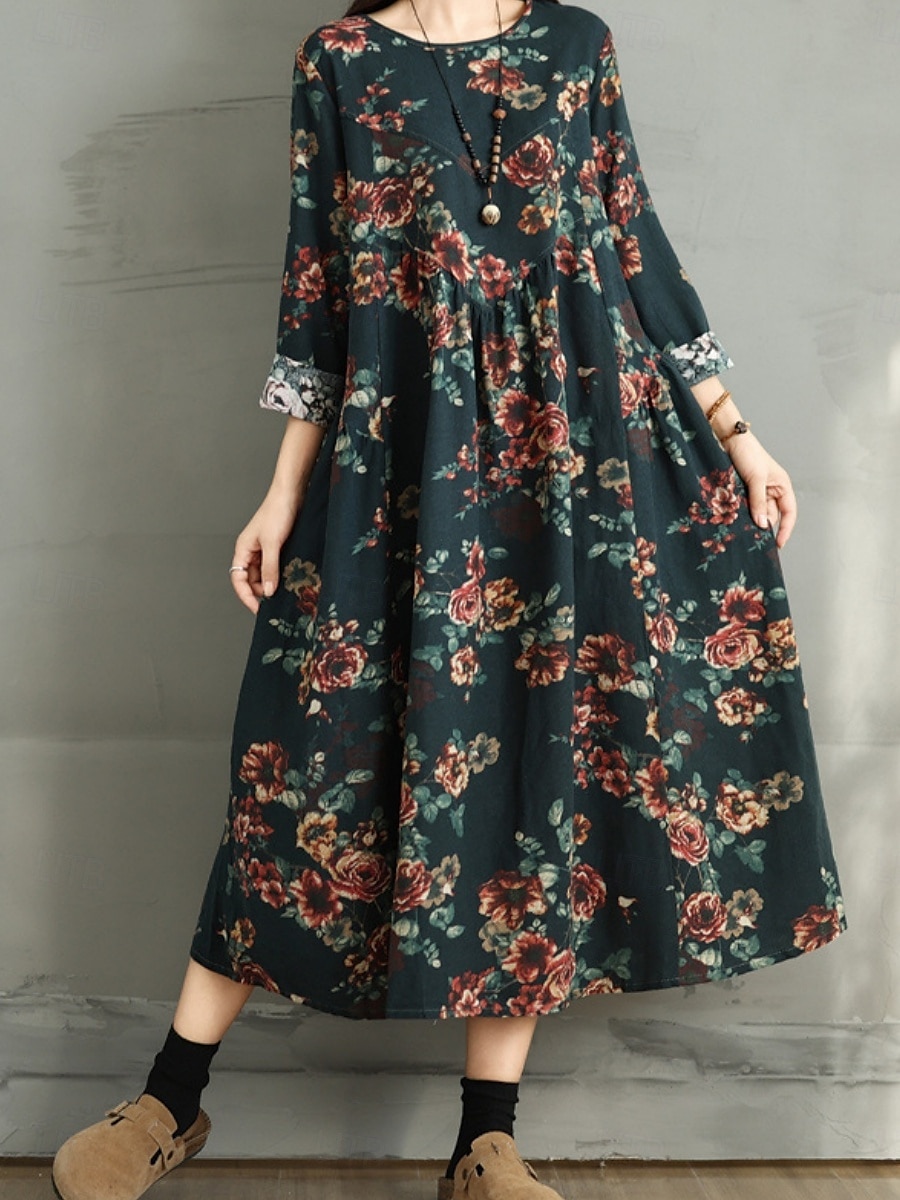 Femmes Robe maxi Robe trapèze Occasionnel Quotidien Coupe régulière Fleuri manche longue Col ras du cou Bleu marine Rouge Vert foncé Marron Été Automne de 2025 ? $36.99 –P6