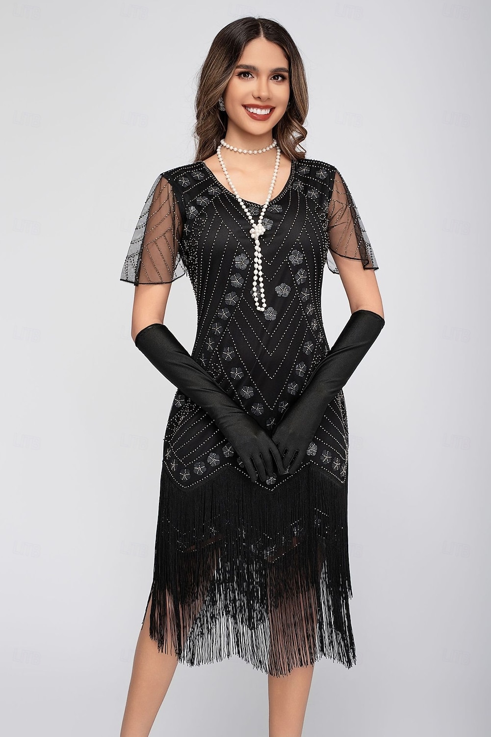 Rugido 20s 1920s Hasta la Rodilla Vestido Flapper Mangas cortas El gran Gatsby Chica de la aleta Lentejuelas Franja Funda Columna Escote en Pico Disfraz Mujer Navidad Carnaval Fiesta de Noche Boda 2026 - $46.99 –P5