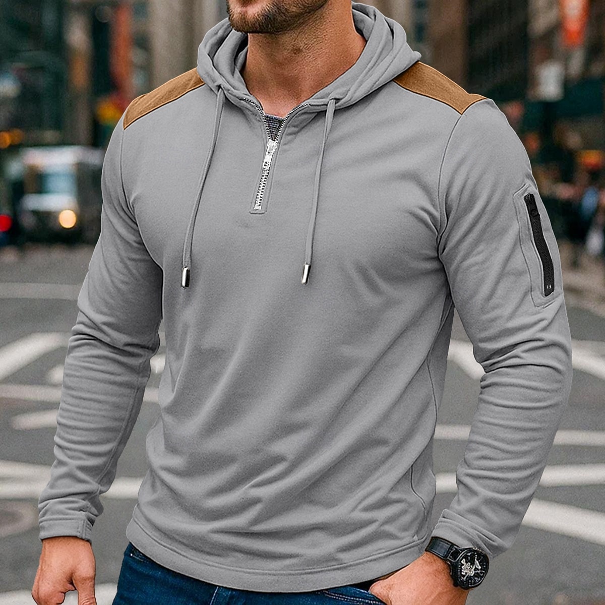 Men's Quarter Zip Tee Tee Top Long Sleeve Shirt Long Sleeve Hooded Summer Fall Patchwork Daily Casual Street Style Zipper Outdoor Street Causal Black Navy Blue khaki Top Tee for Men 2026 - $24.99 –P3