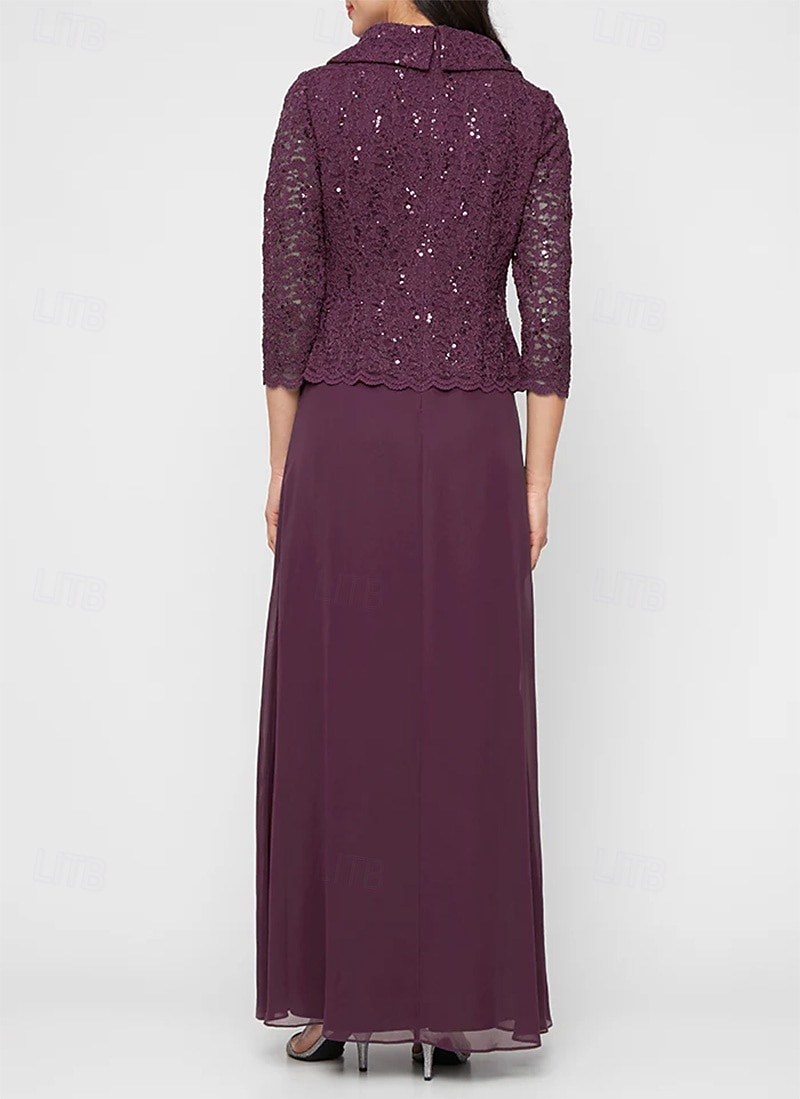 áčkové šaty pro matku nevěsty s portrétním límcem, elegantní jednoduché, minimalistické, s výstřihem do V, délka na zem, šifon, flitrovaná krajka, 3/4 rukávy s vroubkovaným lemem, 2025 2025 - $144.99 –P2