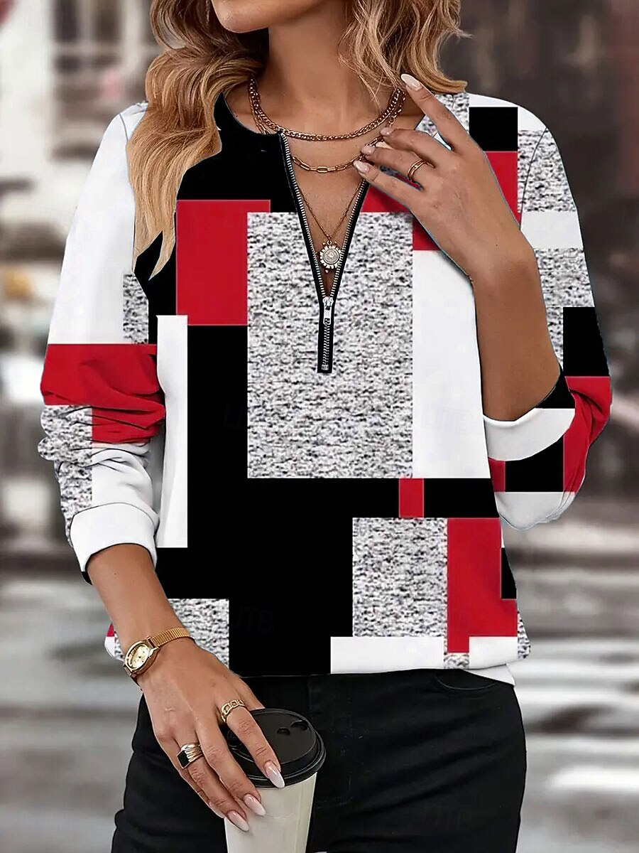 Damen Pullover Sweatshirt Sweatshirts mit Reißverschluss Grafik Geometrisch Farbblock Mode Lässig Langarm Rundhalsausschnitt Normale Oberteile Straße Alltagskleidung Reißverschluss Druck Rote Blau 2025 - $27.99 –P3