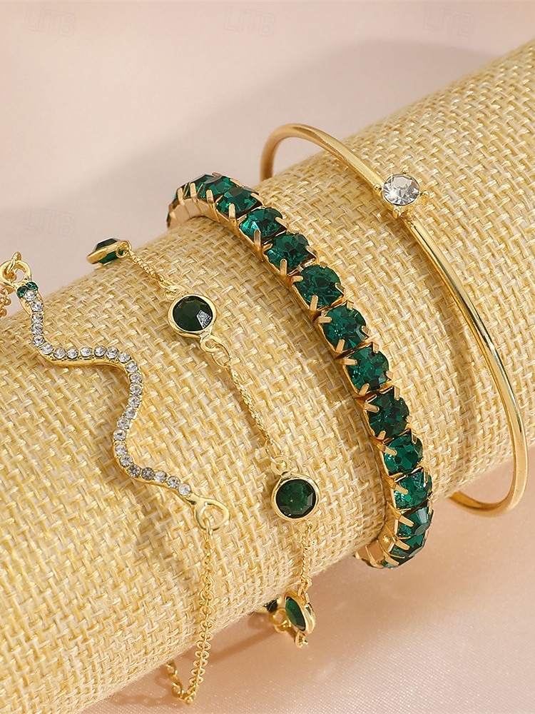Set de brățări pentru femei cu cristale verzi aurii – 4 bijuterii elegante din aliaj cu lanț reglabil, accesorii la modă pentru petreceri, nunți și ocazii speciale 2025 - $9.99 –P5
