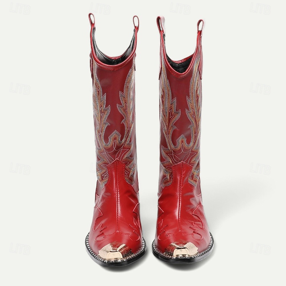 Pánské kovbojské boty z červené kůže – vysoké vyšívané boty ve westernovém stylu na rodeo, jízdu na koni a country festivaly 2025 - $229.99 –P6