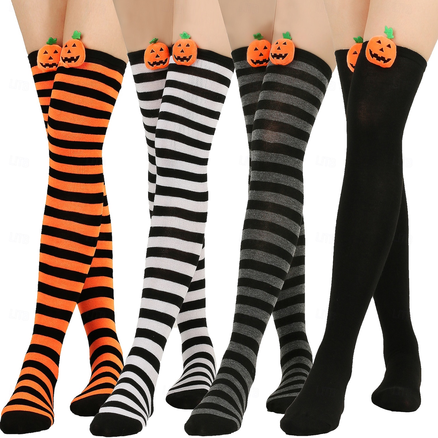 Damskie skarpetki za kolano na Halloween - bawełniane, długie pończochy w paski z uroczym wzorem dyni, zabawne i wygodne, nowatorskie pończochy na imprezy kostiumowe, cosplay i wydarzenia świąteczne 2025 - $11.99 –P2