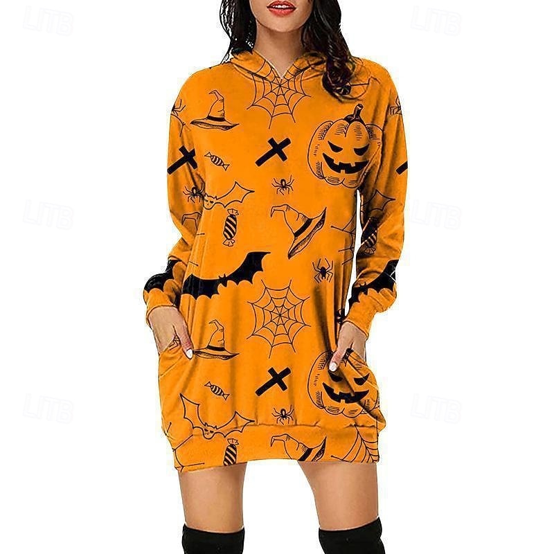 Femmes Mini Robe Robe à Capuche Robe Décontractée Mode Moderne Halloween Quotidien Week-end Coupe régulière Potiron manche longue À capuche Noir Blanche Jaune Rouge Printemps Automne de 2025 ? $19.99 –P6