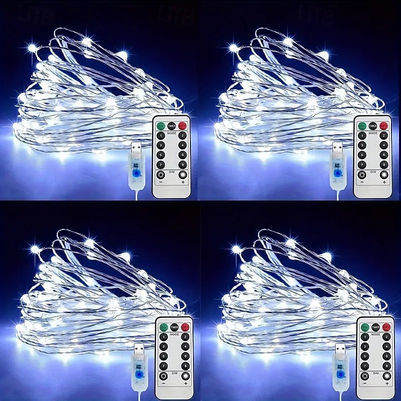 4 pezzi 10 m/33 piedi 100 fasci di luci a LED per Halloween Natale San Valentino festa di nozze stringa di luci in filo di rame per interni ed esterni spina USB telecomando a 8 funzioni IP44 del 2025 a $23.99 –P1