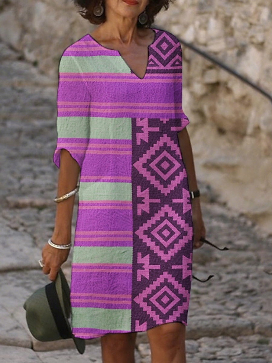 Femmes Robe Midi Robe Décontractée Robe Imprimée ancien Quotidien Plage Week-end Coupe régulière Géométrique Manche 3/4 Col ras du cou Bleu Violet Fuchsia Orange Été Printemps Automne de 2025 ? $21.99 –P2