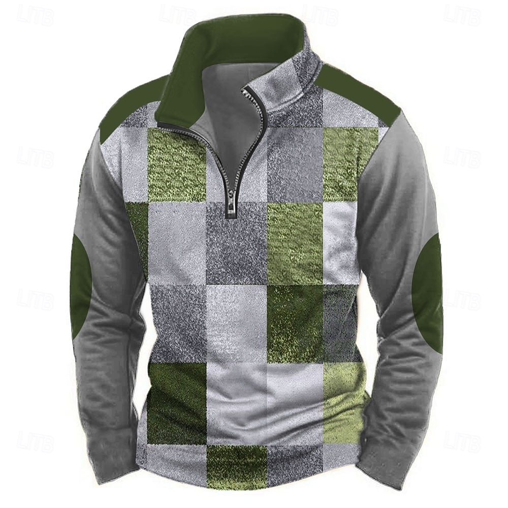 Herr Geometrisk Rutig Tröja Ledigt Vintage retro Långärmad Hög hals Utomhus Streetwear Rubinrött Blå Dragkedja Fjärdedels blixtlås Höst Vinter Designer 2025 - $28.99 –P4