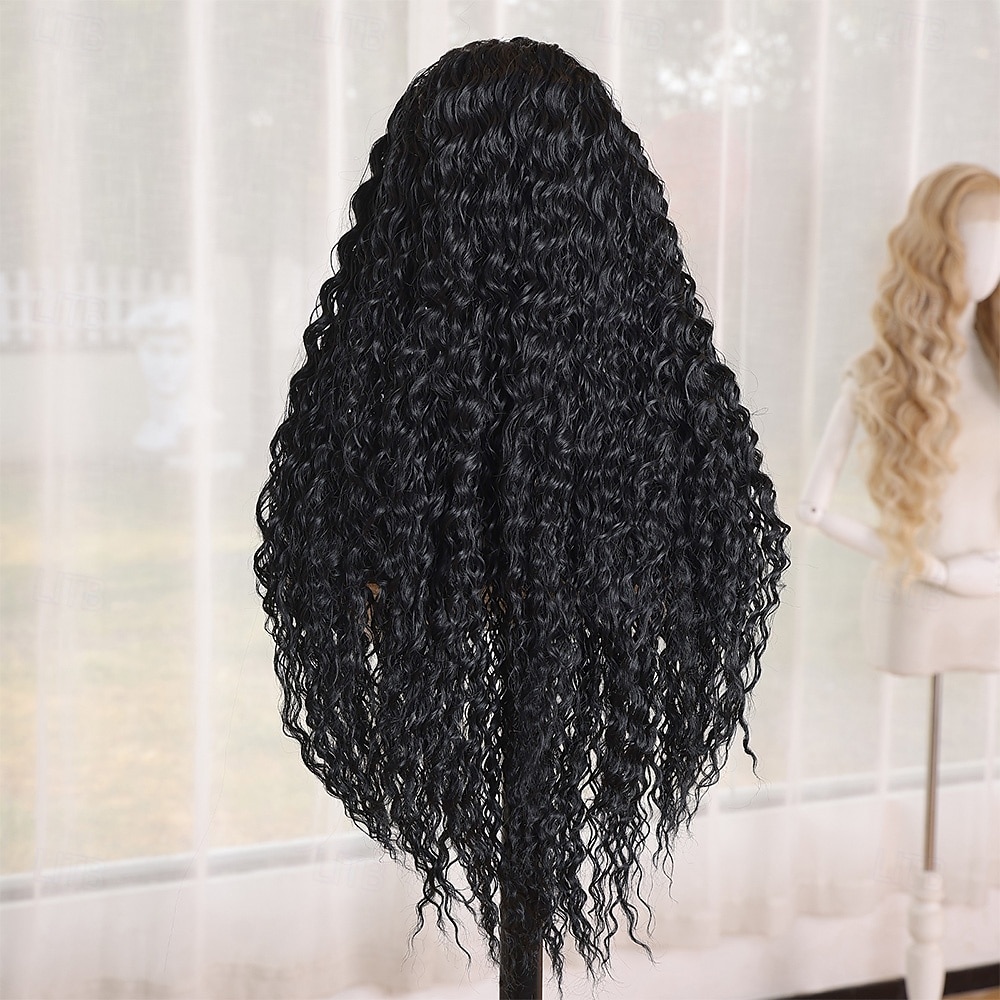 Perruque en dentelle synthétique Boucles profondes Style 28 pouce Noir Raie au milieu partie U Perruque Femmes Perruque Noir de 2025 ? $41.99 –P5