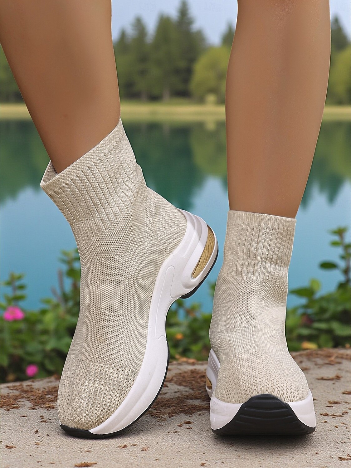 Dámské béžové ponožkové kozačky z flyknit pleteniny s platformovou podrážkou – lehká ležérní obuv na outdoor, cestování a sport 2025 - $42.99 –P2