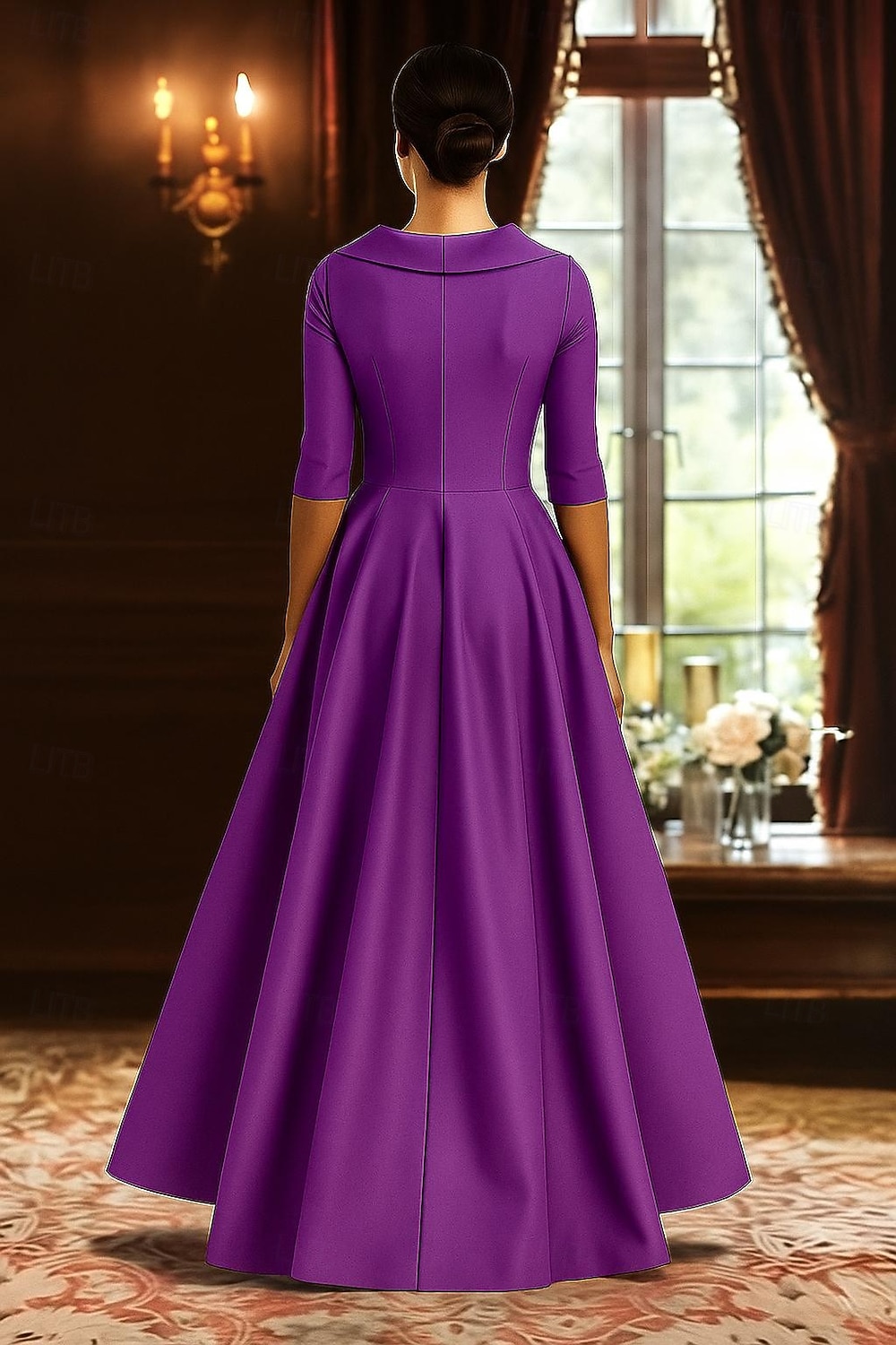 rot-schwarzes A-Linien-Kleid für die Brautmutter, eleganter hochgeschlitzter Hemdkragen, asymmetrischer Satin, 3/4-Ärmel mit Applikationen 2025 2025 - $149.99 –P3