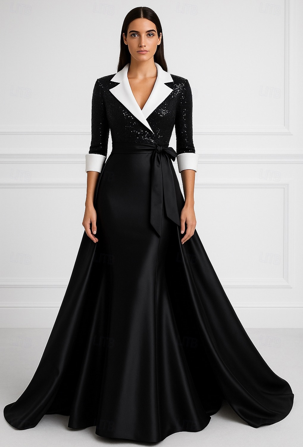 Robe de Soirée A-Line Noir et Blanc Sequins Élégante Robe Blazer Formelle Mariage Longueur au Sol Manches 3/4 Col Chemise Poche Satin avec Nœud(x) Perles de 2025 ? $149.99 –P1