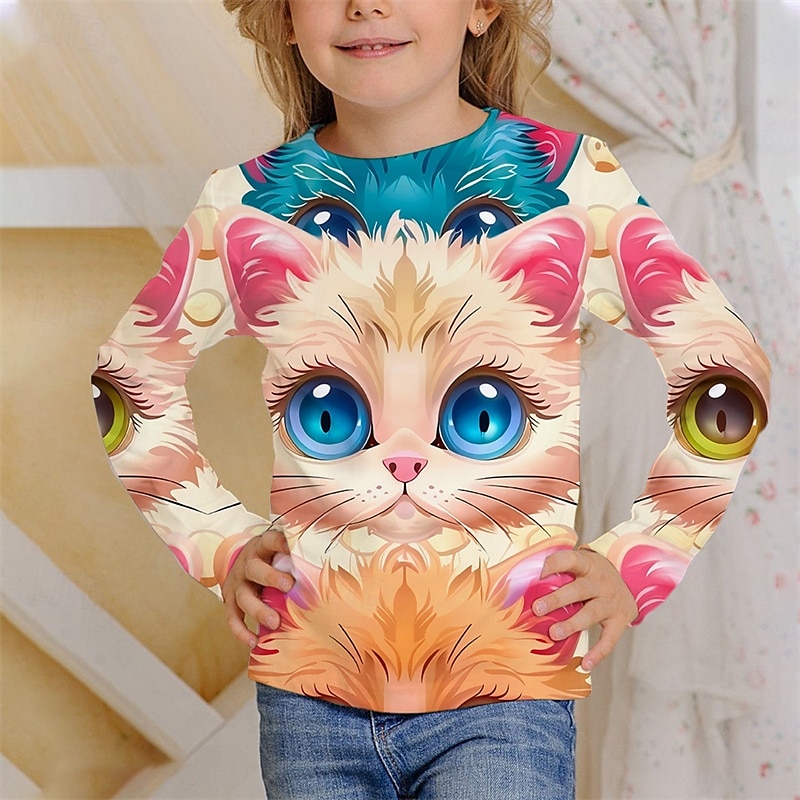 Flickor 3D Djur Katt T-shirt Långärmad Vår Höst Mode Grundläggande Barn 4-12 år Rund hals Utomhus Ledigt Dagligen Normal 2025 - $13.99 –P3