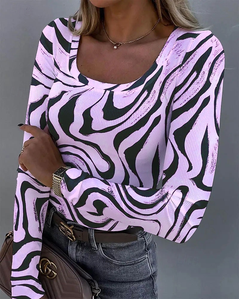 Tricou de femei cu mânecă lungă cu guler pătrat grafic texturat casual tunică abstract zebra vintage stilat regulat tops zilnice imprimeu albastru mov verde khaki primăvară toamnă 2026 - $26.99 –P3