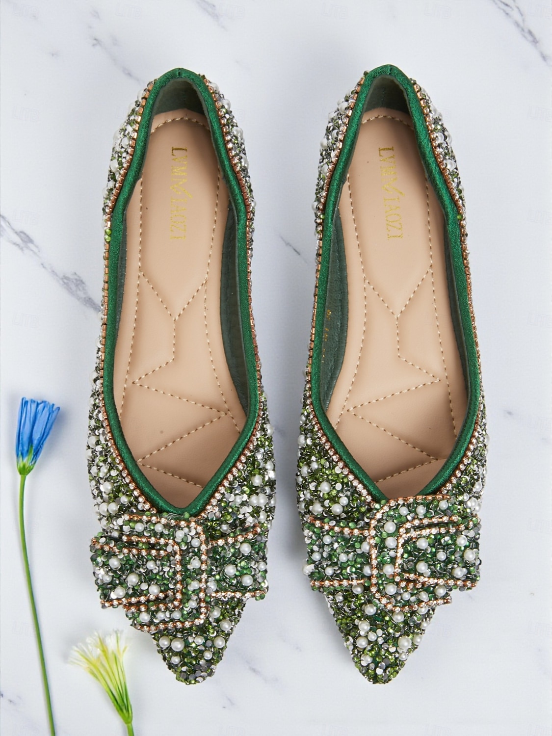 Women's Green Rhinestone Pearl Flats - Pointed Toe Slip-On Dress Shoes with Buckle Detail for Cocktail Parties & Evening Events 2026 - $42.99 –P1