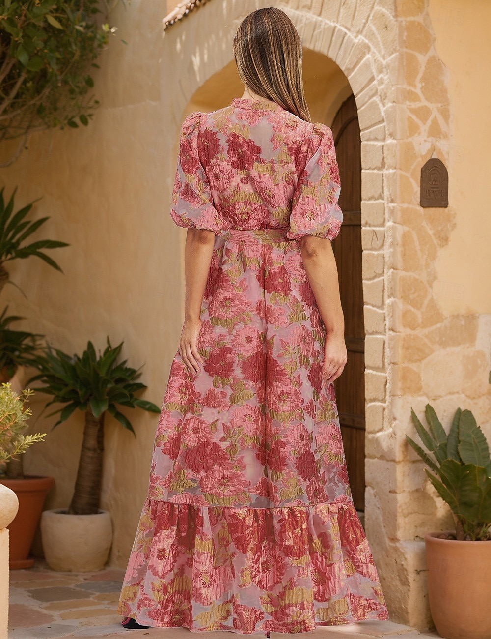 Rochie de seară florală jacquard A-Line rochie formală pentru nuntă lungime până la podea mânecă scurtă mânecă tip bulă cămașă cu guler organza cu volănașe 2025 - $179.99 –P2