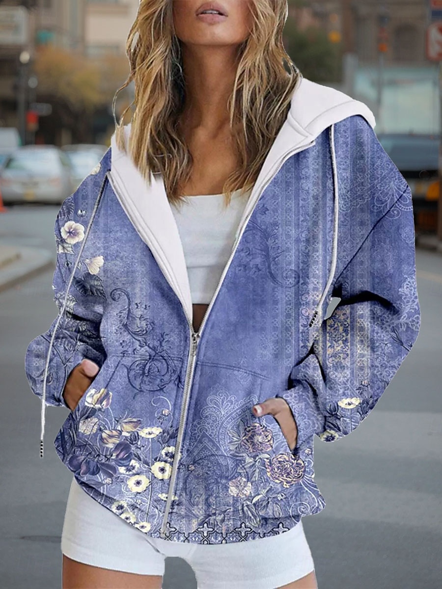 Mulheres Moletom com zíper Floral Gráfico Moda Casual Manga Longa Com Capuz Tops regulares Rua Dia a Dia Zíper Bolsos Imprimir Azul Roxo Verde Primavera Outono de 2025 por $26.99 –P3