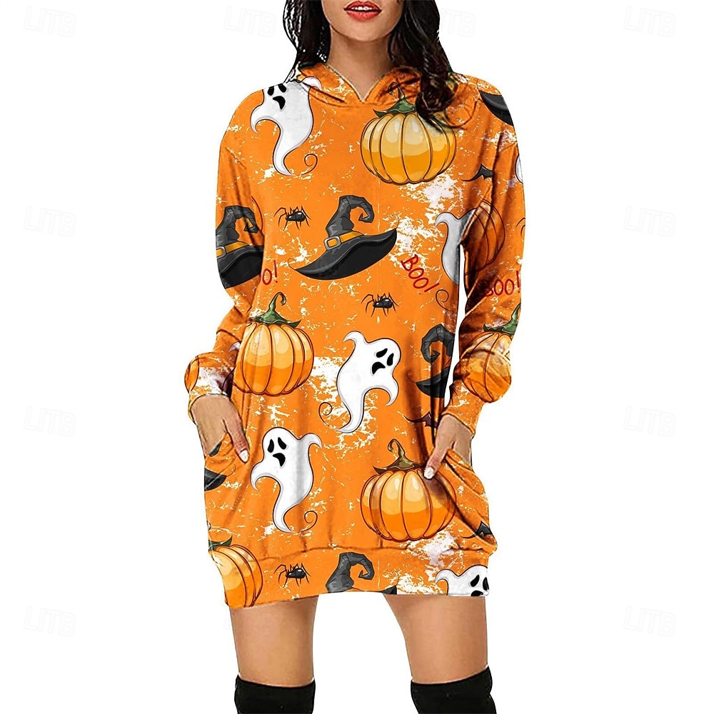 Femmes Mini Robe Robe à Capuche Robe Décontractée Mode Moderne Halloween Quotidien Week-end Coupe régulière Potiron manche longue À capuche Jaune Bleu Violet Vert Printemps Automne de 2025 ? $21.99 –P3