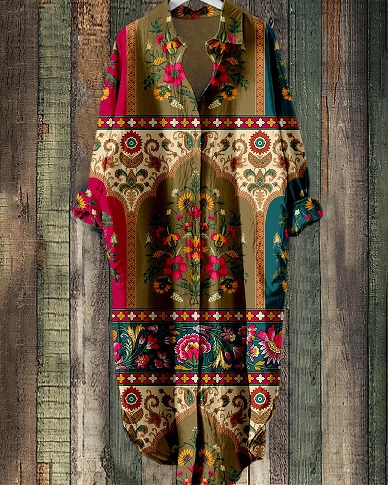 Per donna Abito Midi Abito Camicia Vestito Casual Abito Boho Moda Moderno Quotidiano Spiaggia Weekend Vestibilità regolare Fiore Manica Lunga Colletto a Camicia Viola Marrone Primavera Autunno del 2025 a $24.99 –P1