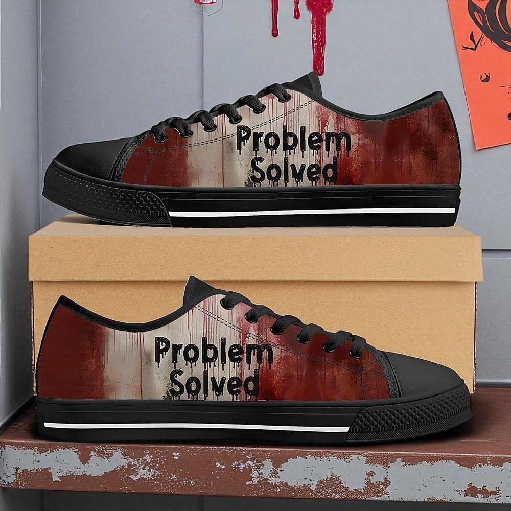 Sneakers da uomo in tela con grafica sanguinosa: scarpe casual basse a tema horror con stampa "problema risolto" per Halloween, feste e uso quotidiano del 2025 a $42.99 –P2