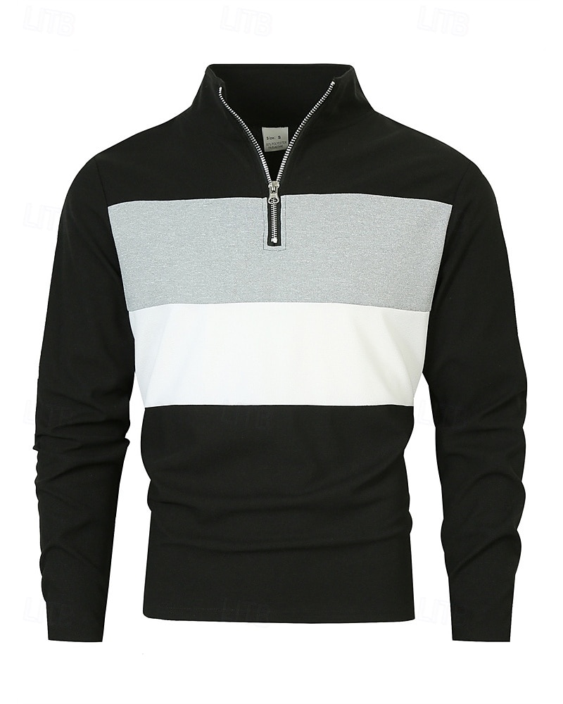 Herren Poloshirts Viertel-Reißverschluss-Poloshirt Alltagskleidung Date Viertelreißverschluss Langarm Mode Basic Farbblock Patchwork Reißverschluss Frühling Herbst Normale Passform Schwarz Wei 2025 - $18.99 –P14