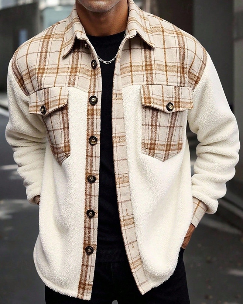 Voor heren Fleeceshirt shacket Overhemdjasje Winterjack Ruitjes Vakantie Alledaagse kleding Beige Lange mouw Revers Herfst Winter Kleding Zak 2026 - $36.99 –P1