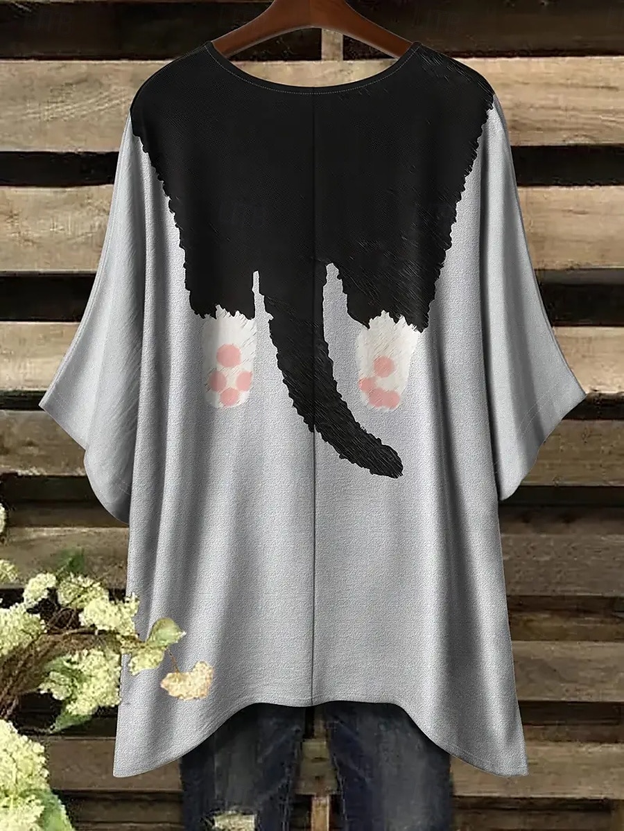 Dame Bluse Grafisk Dyr Katt Årgang Daglig Fritid Halvlange ermer Flaggermusermer Crew-hals Lange topper Daglig Ferie Strand Klær Assymetrisk Gul Rød Blå Kamel Grå Sommer Vår 2025 - $22.99 –P2