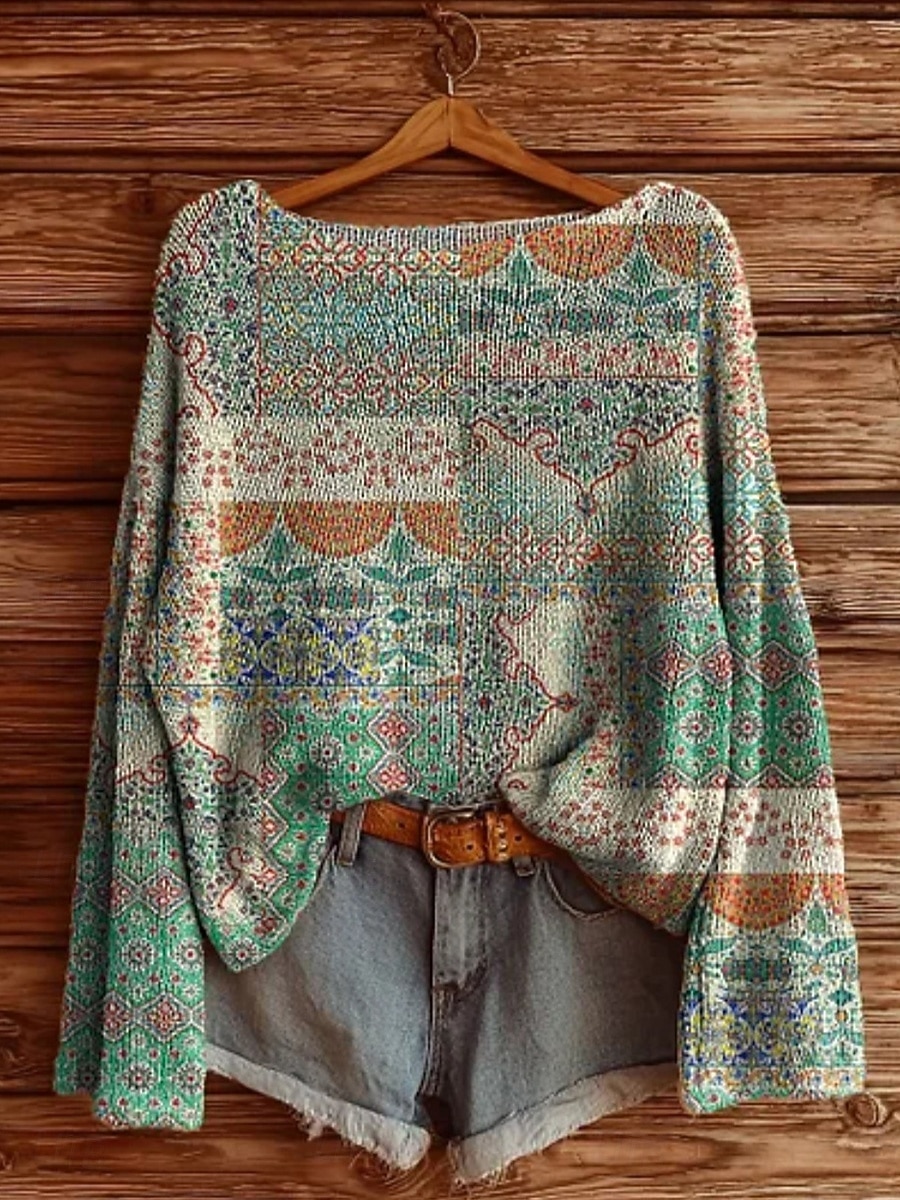 Pull femme décontracté doux floral vintage ethnique manches