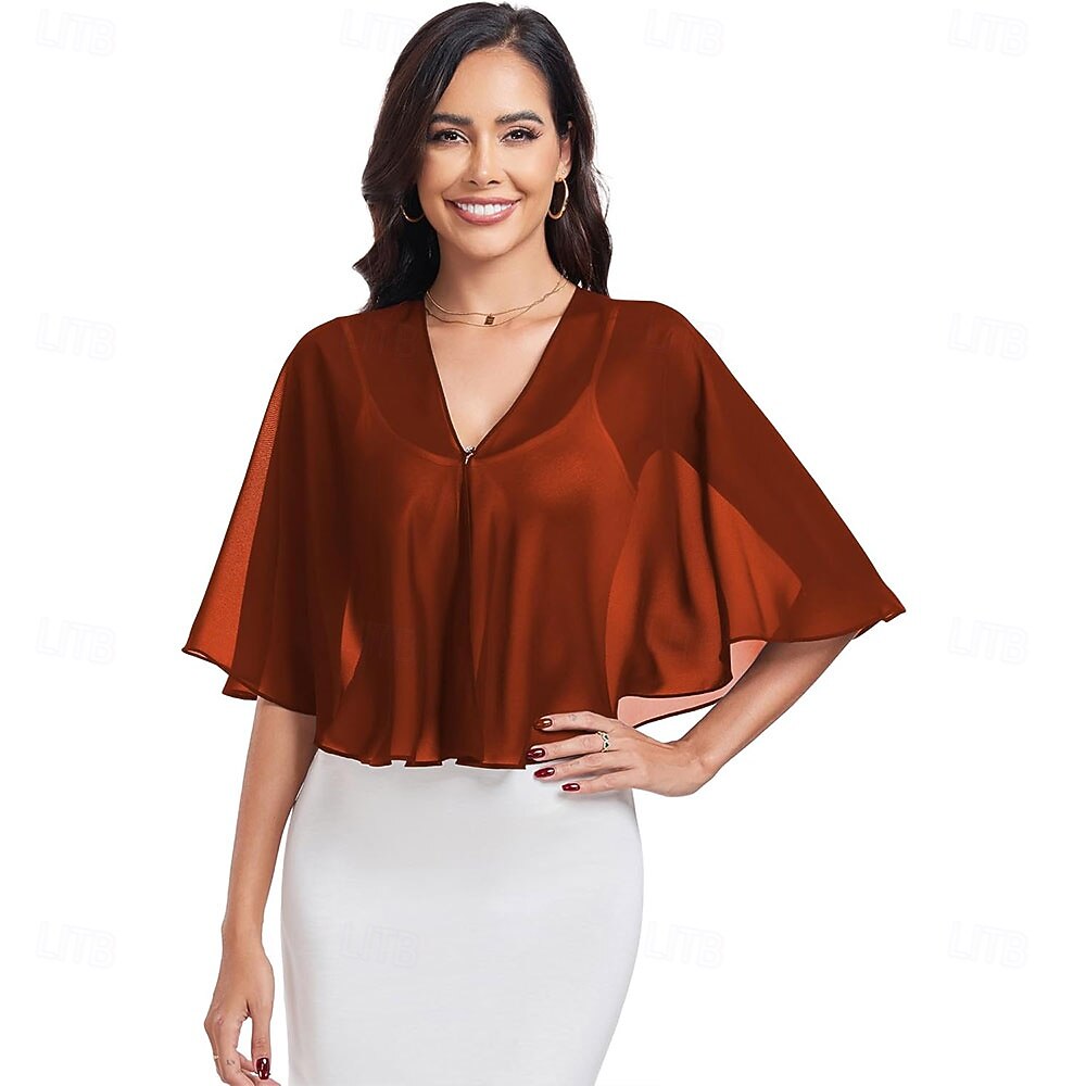 scialli e mantelle trasparenti per feste serali formali, mantelle in chiffon con scollo a V per donne, scialle per invitati a matrimoni del 2025 a $39.99 –P10