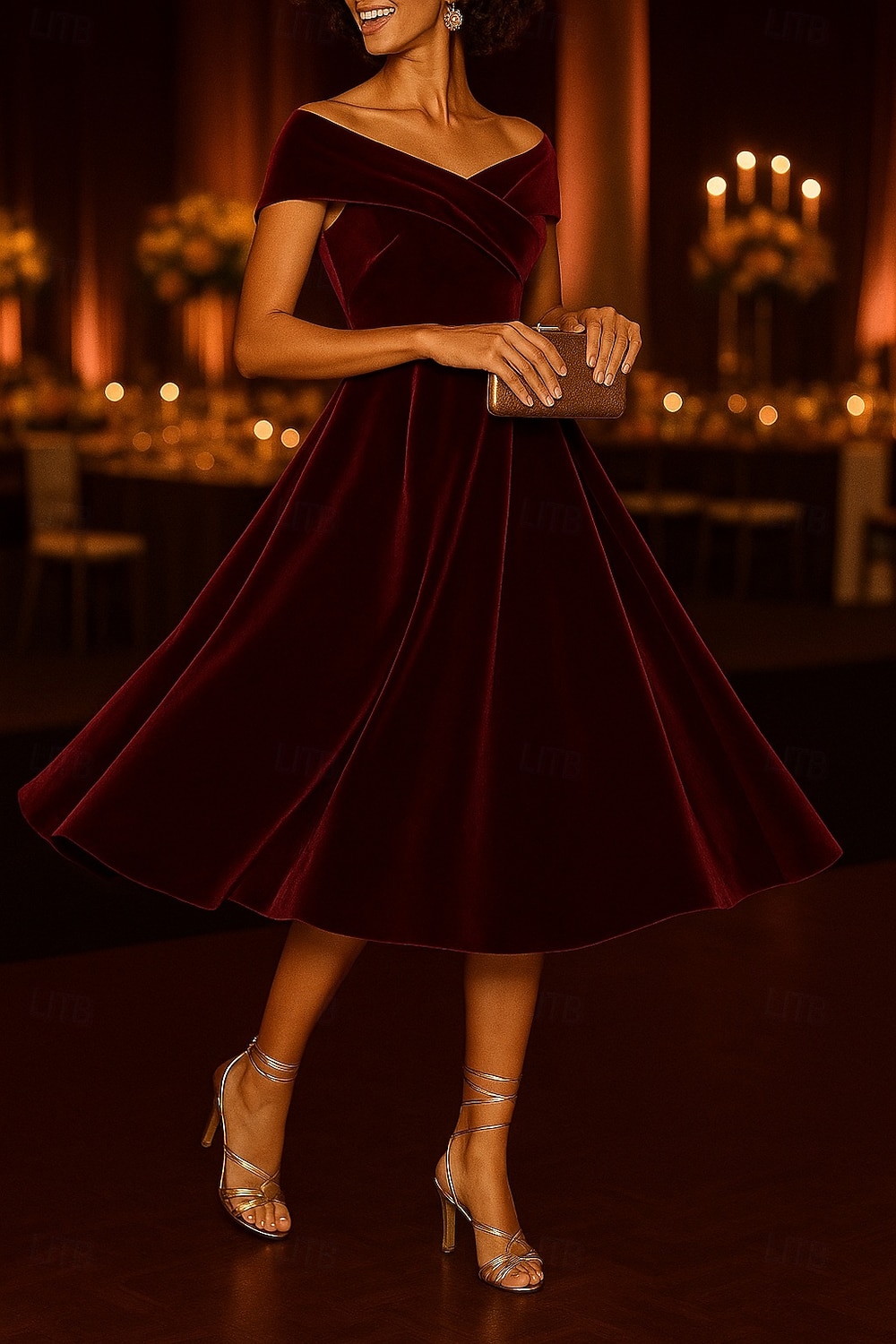 Vestidos de coquetel pretos em linha A, veludo elástico, elegante, vestido formal para casamento, comprimento chá, comprimento midi, ombro de fora com franzido 2025 de 2025 por $131.99 –P6