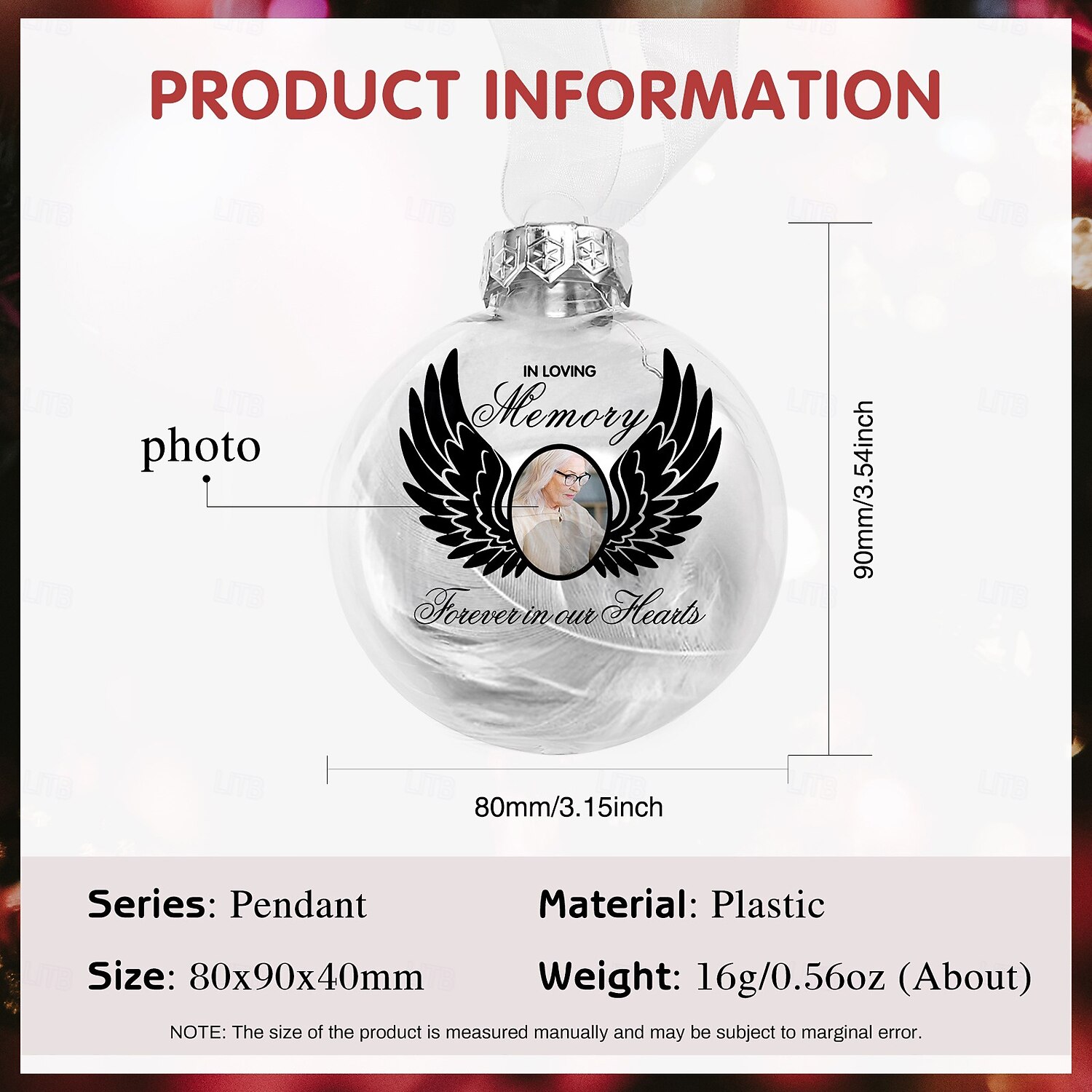 Enfeite de pena de Natal personalizado com foto, enfeite de bola 3D personalizado, presentes de condolências pela perda de entes queridos, decoração de feriado memorial de lembrança de árvore de Natal personalizada de 2025 por $15.99 –P1