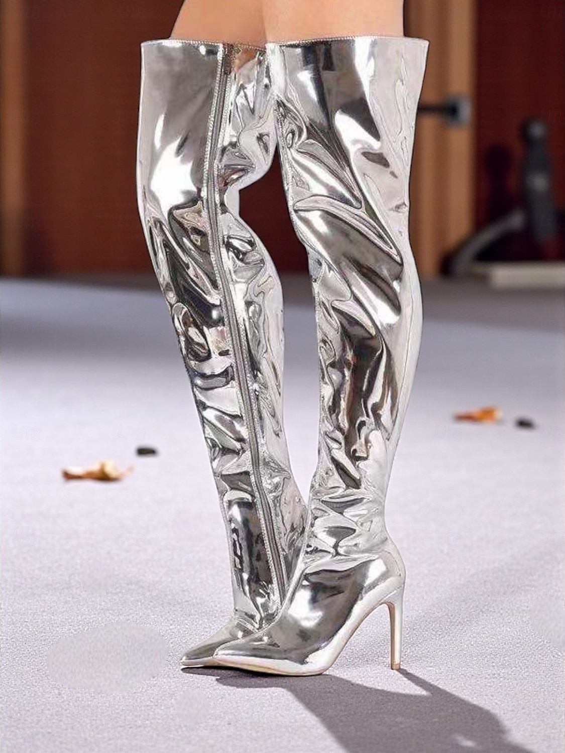 Γυναικείες μαύρες μπότες στιλέτο πάνω από το γόνατο με μυτερή μύτη από λουστρίνι - σέξι υποδήματα για πάρτι νυχτερινής διασκέδασης 2026 - $59.99 –P1