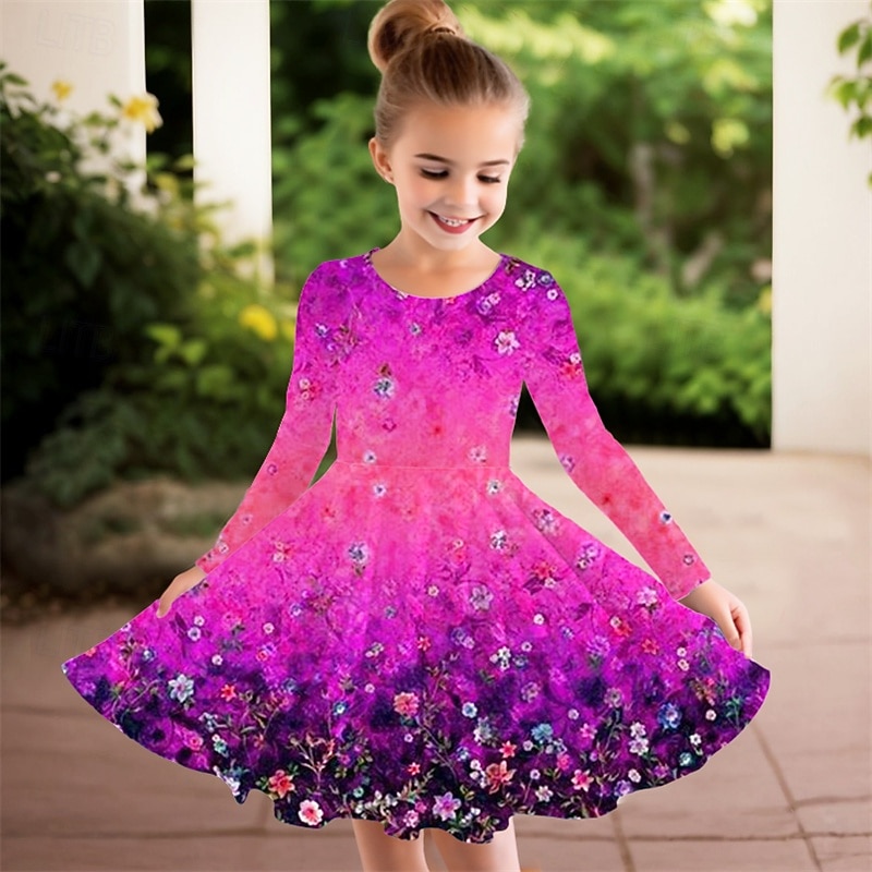 Flickor 3D Blomma Klänning Långärmad Sommar Vår Semester Dagligen Helgdag Prinsessa Skön Ljuv Barn 4-12 år Vardagsklänning A linjeklänning Knälång Normal 2025 - $16.99 –P6