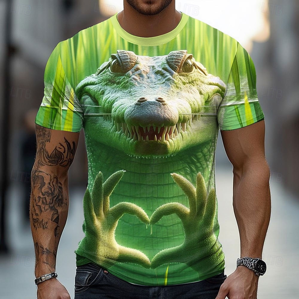 2025年 男性用 クロコダイル 3D Tシャツ 半袖 Tシャツ 3Dプリント クルーネック シャツ 誇張された デザイナー パーティー 祝日 緑 1# 緑 2# 緑 3# 夏 春 衣類 S M L XL XXL XXXL  コレクション – $17.99 –P1