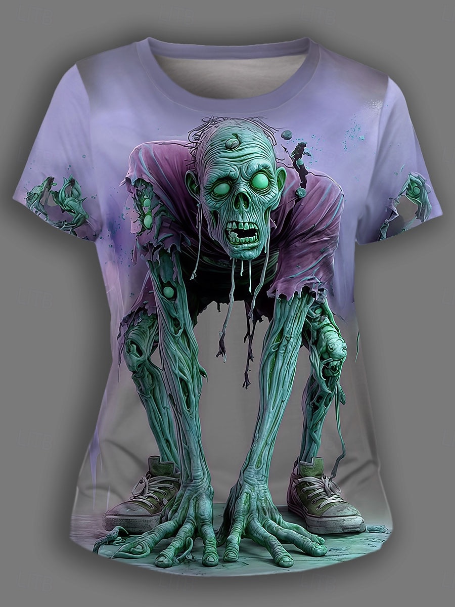 Halloween Dame T skjorte Grafisk Hodeskaller Fritid Morsom Kortermet Crew-hals Rund hals Vanlige topper Daglig Ut på byen Helg Trykt mønster Gul Blå Lilla Grønn Sommer 2025 - $19.99 –P2