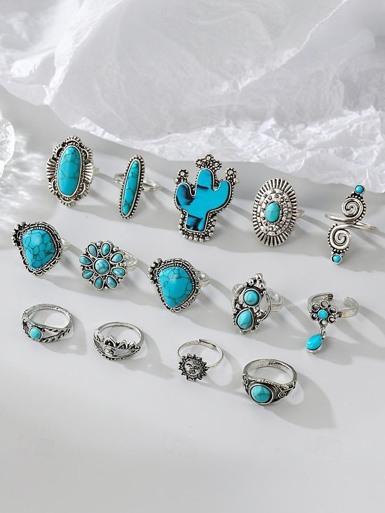 Women's Turquoise Ring Set - Multi-Piece Set of Vintage Bohemian Alloy Jewelry for Women's Holidays, Beach Vacations and Everyday Wear 2025 - $8.39 –P3