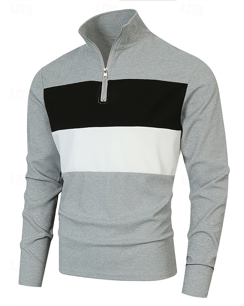Herren Poloshirts Viertel-Reißverschluss-Poloshirt Alltagskleidung Date Viertelreißverschluss Langarm Mode Basic Farbblock Patchwork Reißverschluss Frühling Herbst Normale Passform Schwarz Wei 2025 - $18.99 –P18