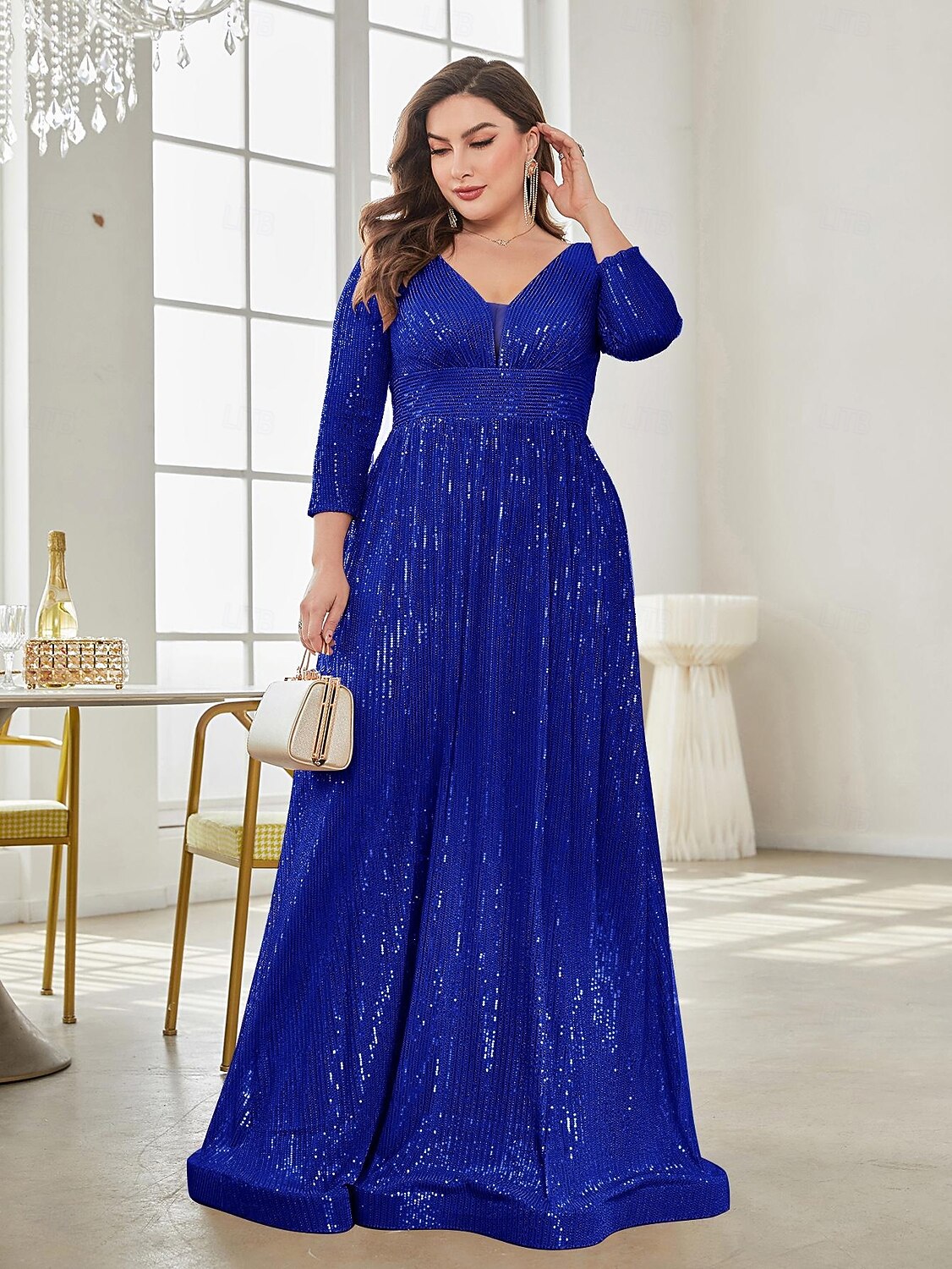 Linea ad A Lunghezza al pavimento Abiti da festa Elegante Manica Lunga Scollo a V Formale Invitato a matrimonio autunnale Con Paillettes con Glitter Paillettes del 2026 a $103.99 –P1