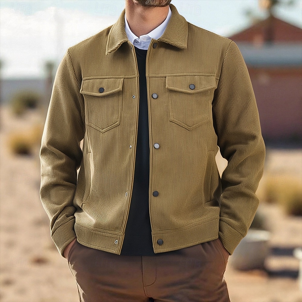 Homme Chemise en velours côtelé Veste-chemise Veste d'Hiver Uni Vacances Tenue quotidienne Noir Vert Véronèse Beige Café manche longue Revers Automne Hiver Vêtement Tenue Avec Poches de 2026 ? $41.99 –P1
