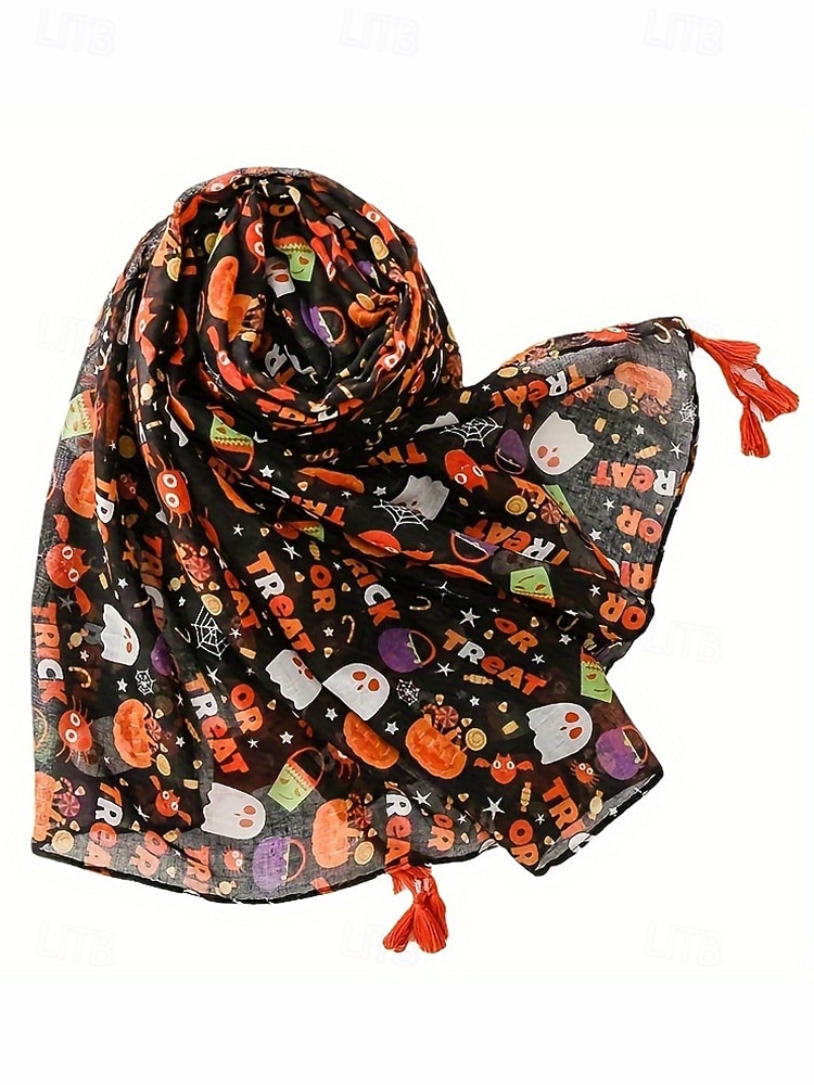 Eșarfă pentru femei cu imprimeu de dovleac sau fantomă de Halloween – șal ușor cu ciucuri și imprimeu de dovleac pentru petreceri costumate, modă de toamnă și ținute festive 2025 - $14.99 –P5