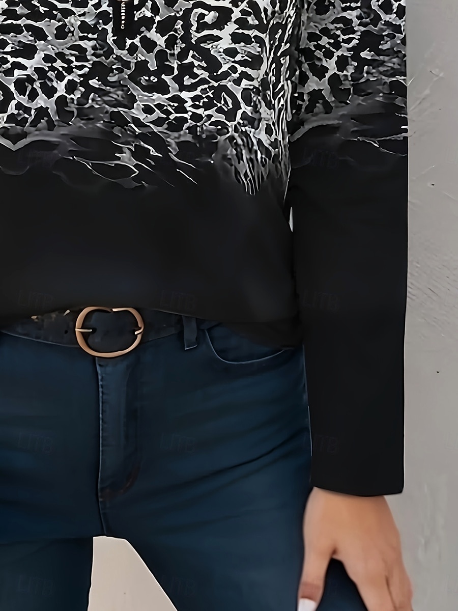 Women's T Shirt Ombre Graphic Leopard Elegant Vintage Stylish Long Sleeve V Neck Round Neck Notched Neck Regular Tops Daily Weekend Zipper Print Black Spring Fall Winter 2025 - $23.99 –P3