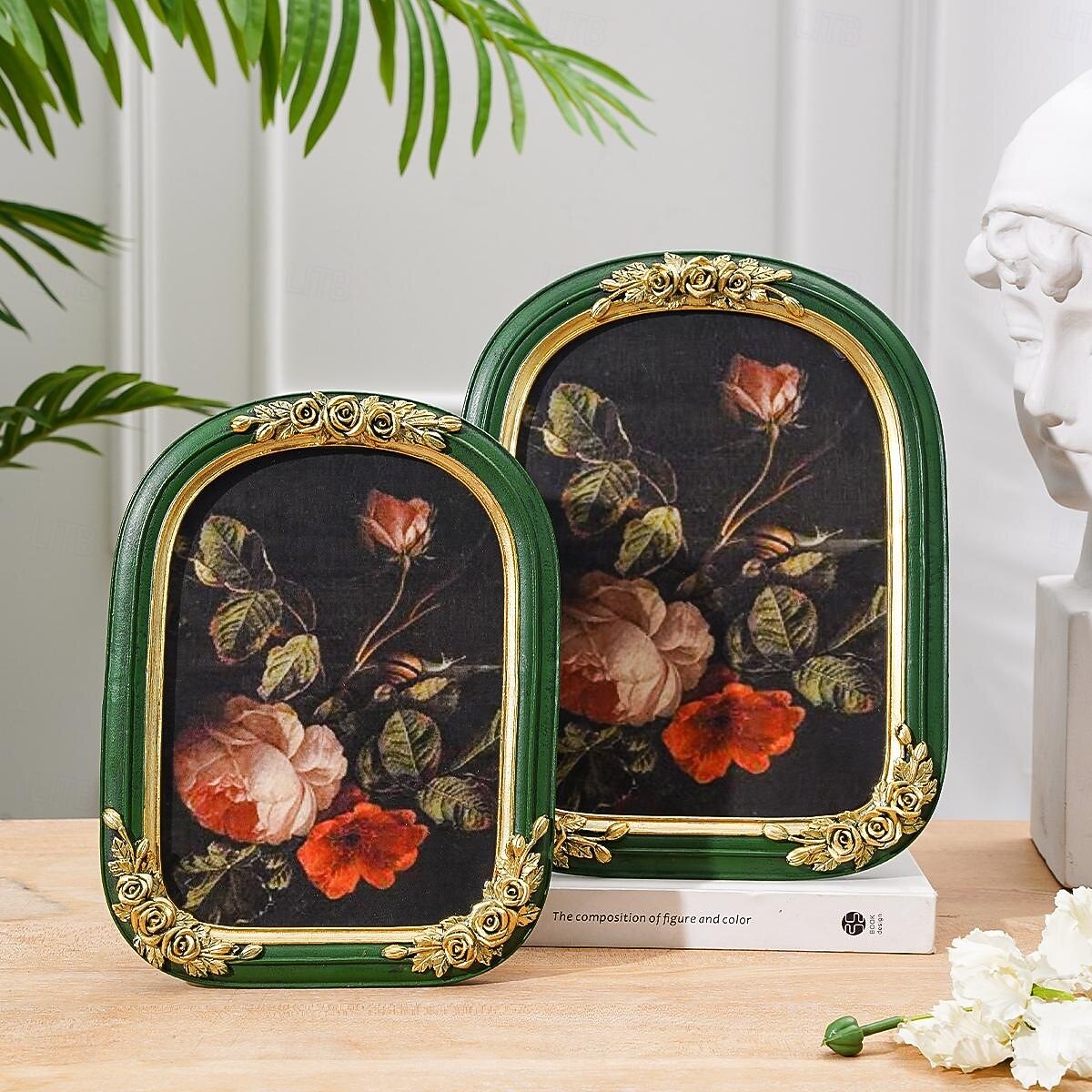 Gold 3D Rose Photo Frame with Green Arched Border, Hand-Painted Resin Picture Frame for Home Decor, Display Photos in Living Room, Bedroom, Study or Entryway 2025 - CAD $32.36 –P3